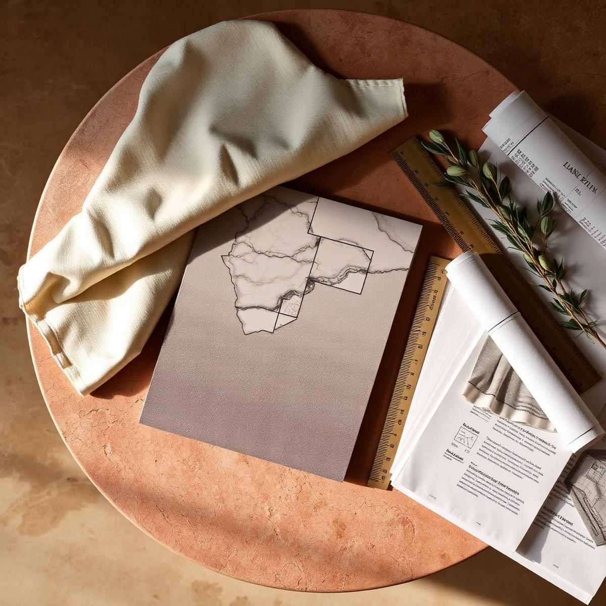 Fabric swatches, marble, and architectural drawings on a warm stone table